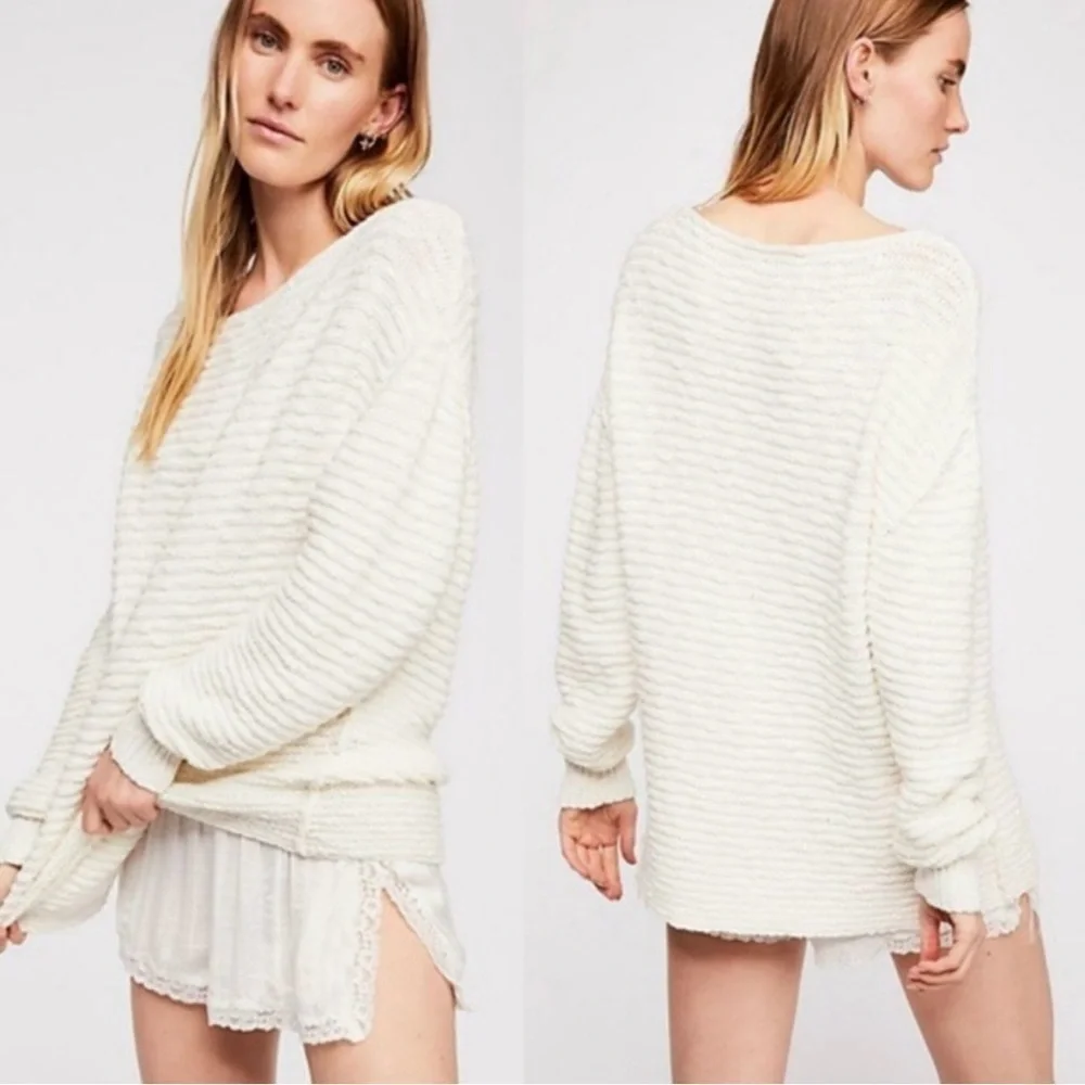 Free People Menace Cream Ivory Ribbed Textured Tunic Sweater Cozy S Coastal